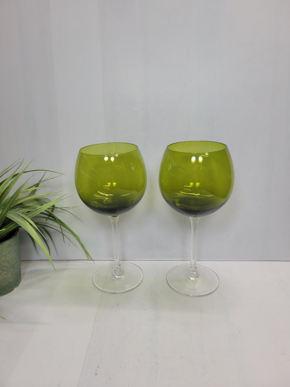Vintage Green Balloon Wine Glasses Set of 2 Clear Stem MCM Goblets Water Chalice